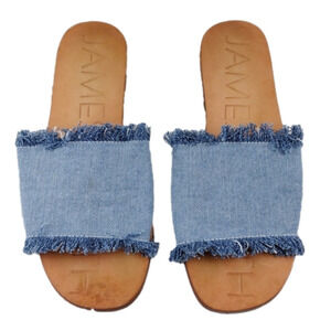 James Smith Blue Leather Fray Denim Fabric Upper Open Toe Slide Flat Sandal Shoe